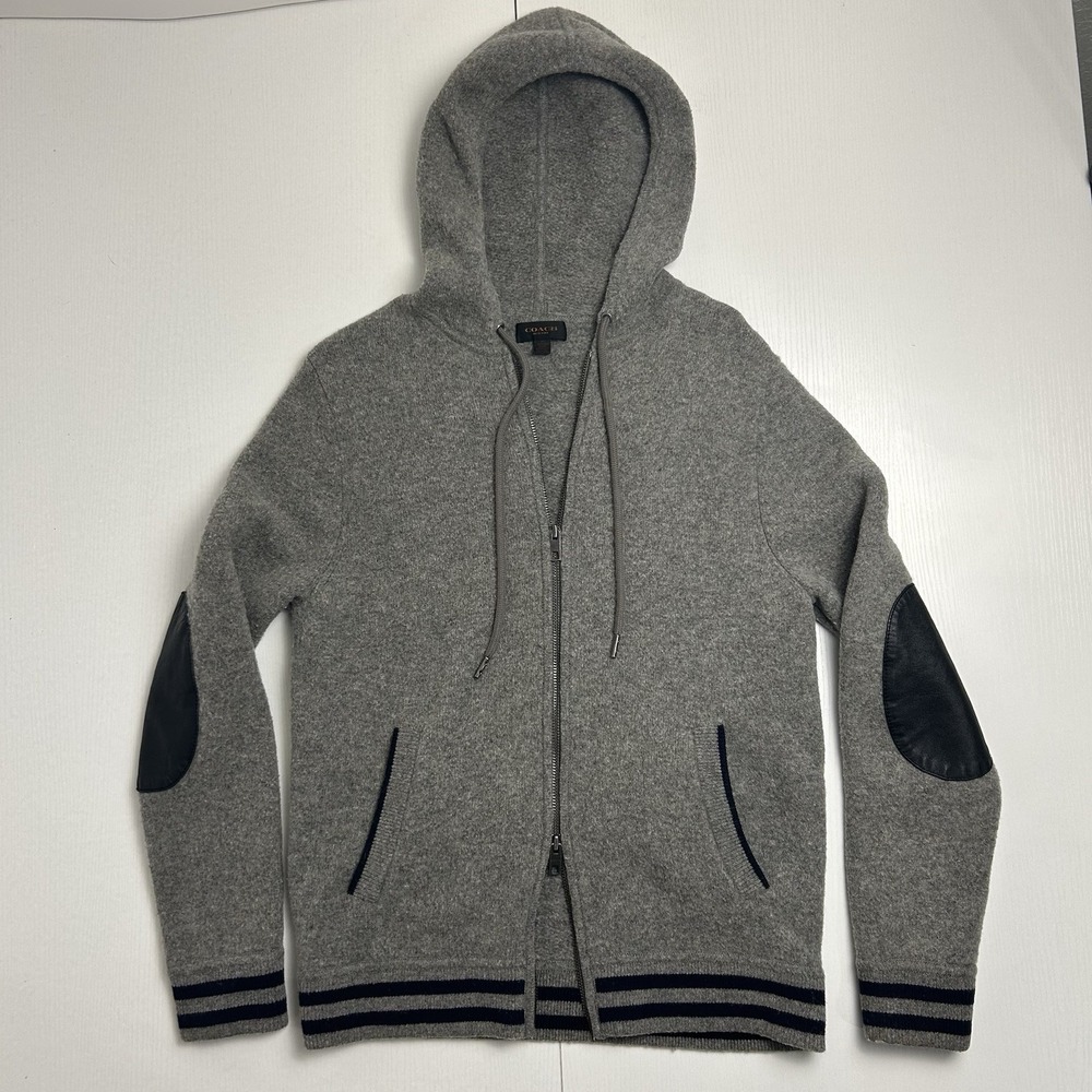Coach Baseball Zip Hoody Light Gray 100% Merino Wool Sz Medium Two Way Zipper